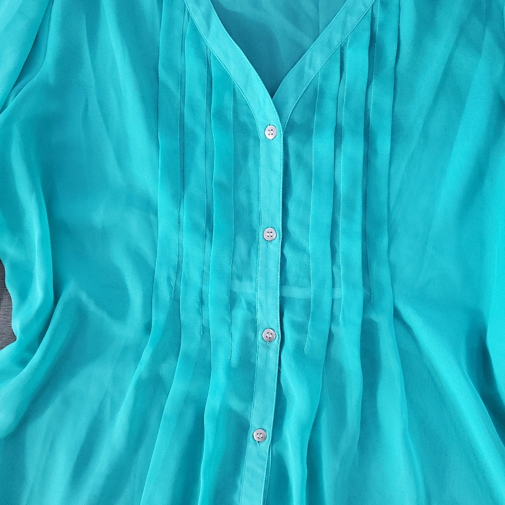 Vanity 2XL Sheer Mint Green Pleated Pintuck Tunic Longsleeved Blouse Top - Picture 5 of 10
